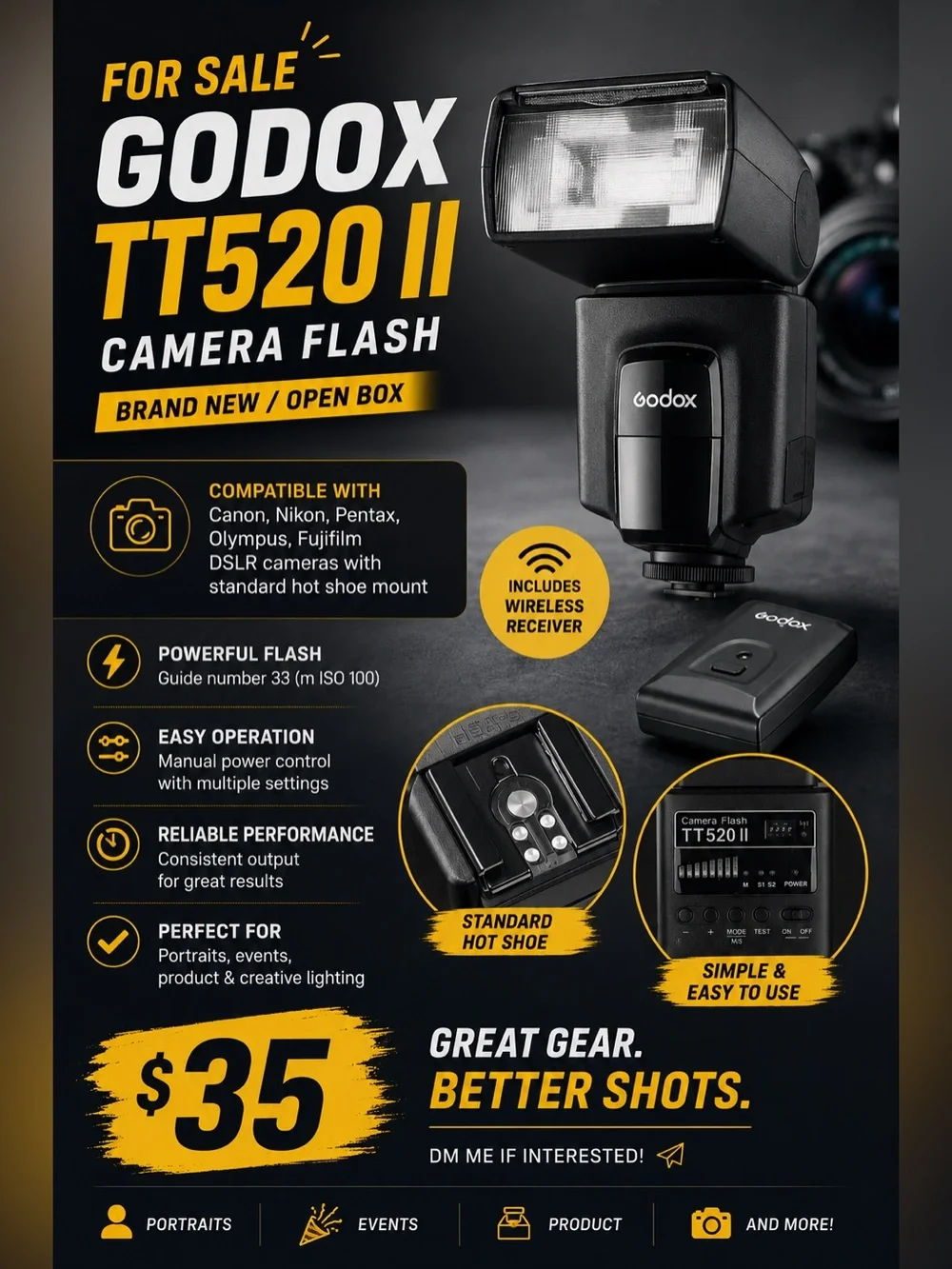 TT520 II Black Camera Flash - Compatible DSLR Hot Shoe